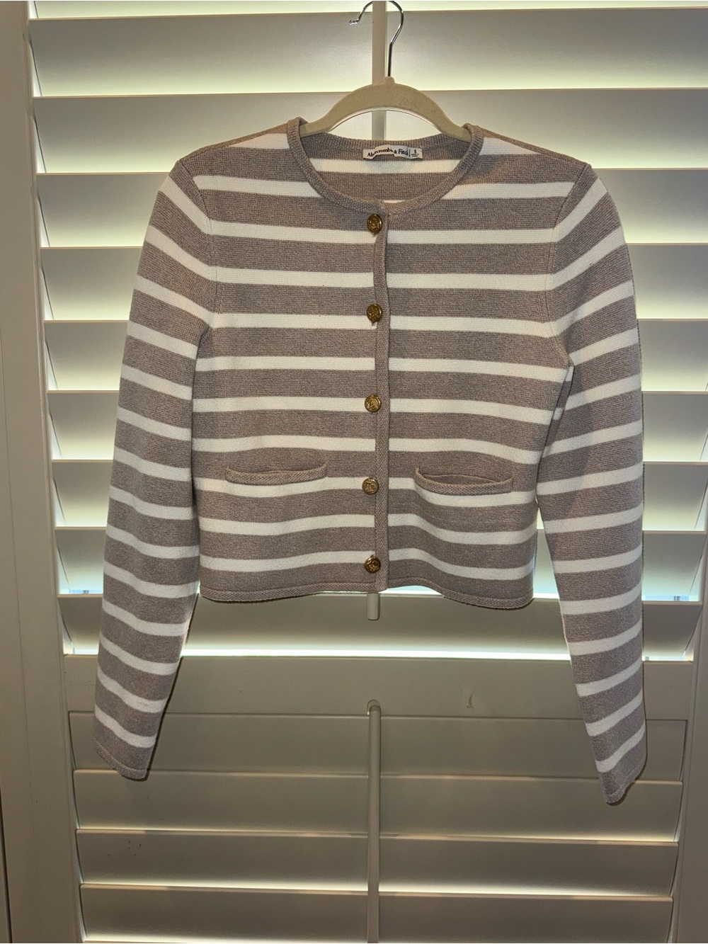Abercrombie & Fitch White and Taupe Striped Cropped Cardigan